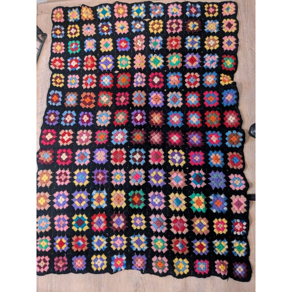 Vintage 70s Crocheted Patchwork Throw 42x60" Black Colors Boho Cottage Granny